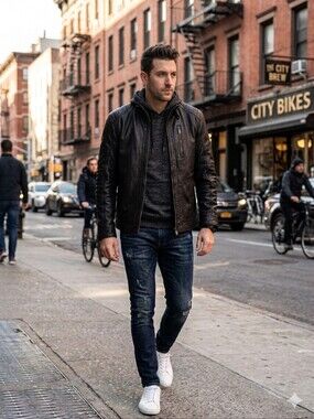 Cole Haan Men’s Leather Jacket • Size M • Black • Quilted Shoulders • Premium •